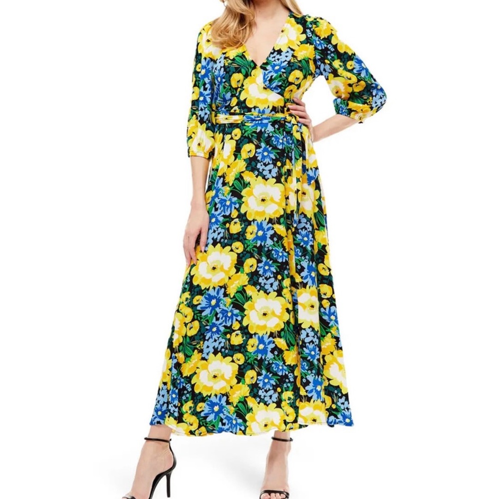 Love By Design Sun Benito Crepe Maxi Dress XS Yellow Blue Floral Wrap V-Neck